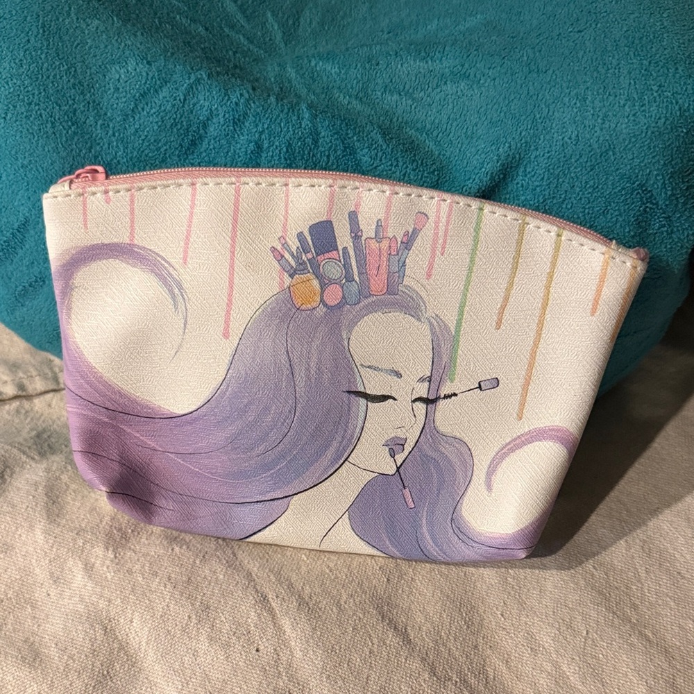 ipsy Purple hair girl and Pink Cosmetic Bag